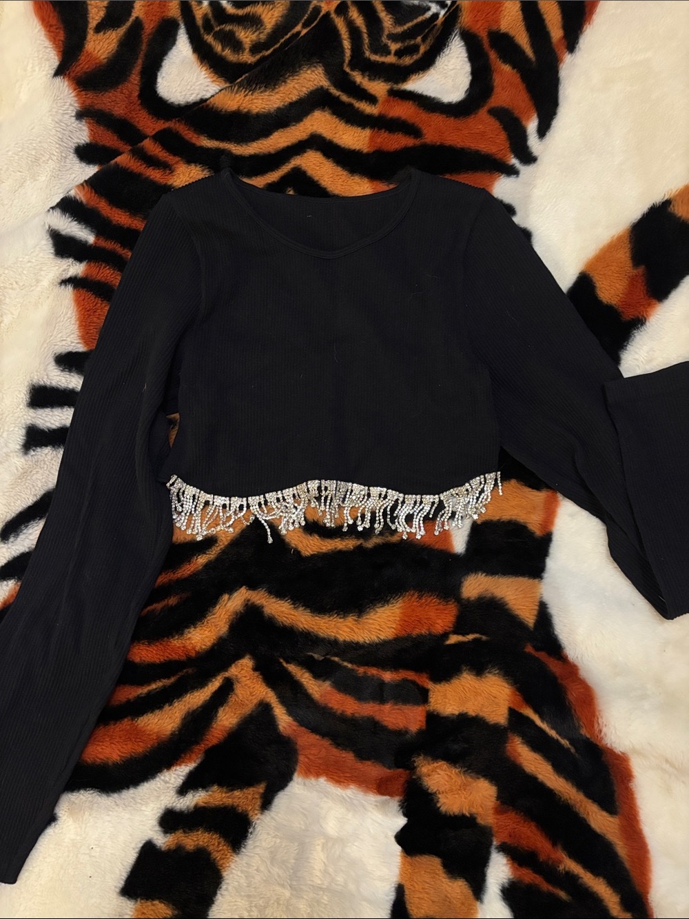 Amazon Black Long-Sleeve Crop Top with Beaded Fringe